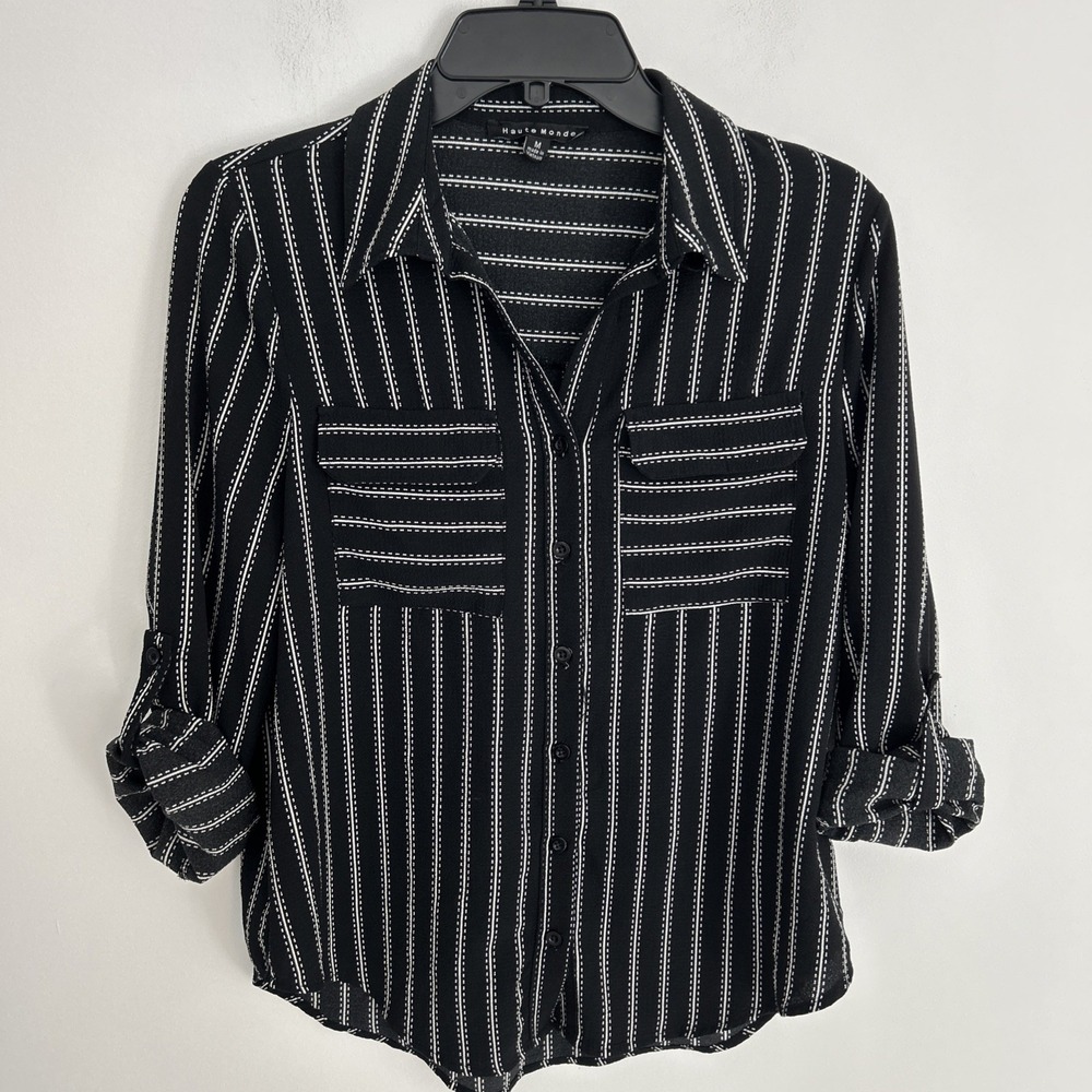 Women's M Button Up Collared Long/ Tab Sleeve Black White Stripe Office Wear